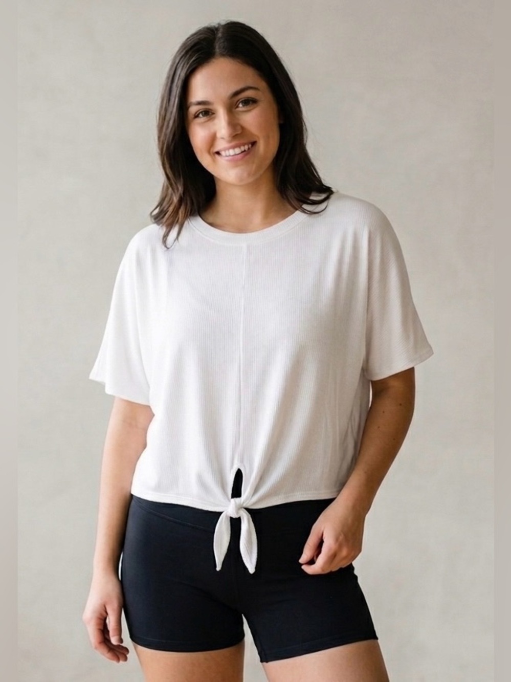 Old Navy Active Womens White Cropped Boxy Ribbed Tie Front Clean Girl Tshirt Top